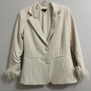 Skies Are Blue Cream Blazer with Feather Cuffs